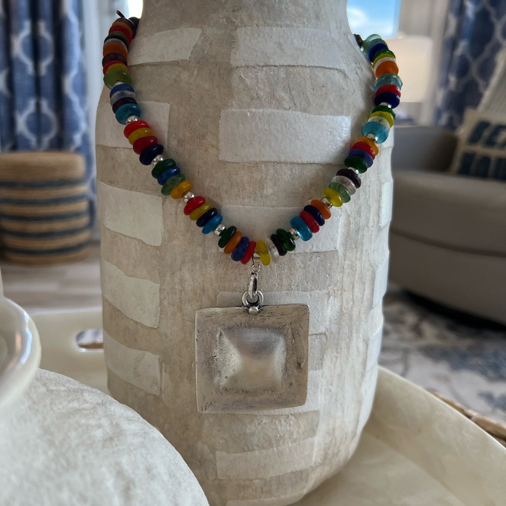 Colorful Beaded Necklace with Silver Pendant